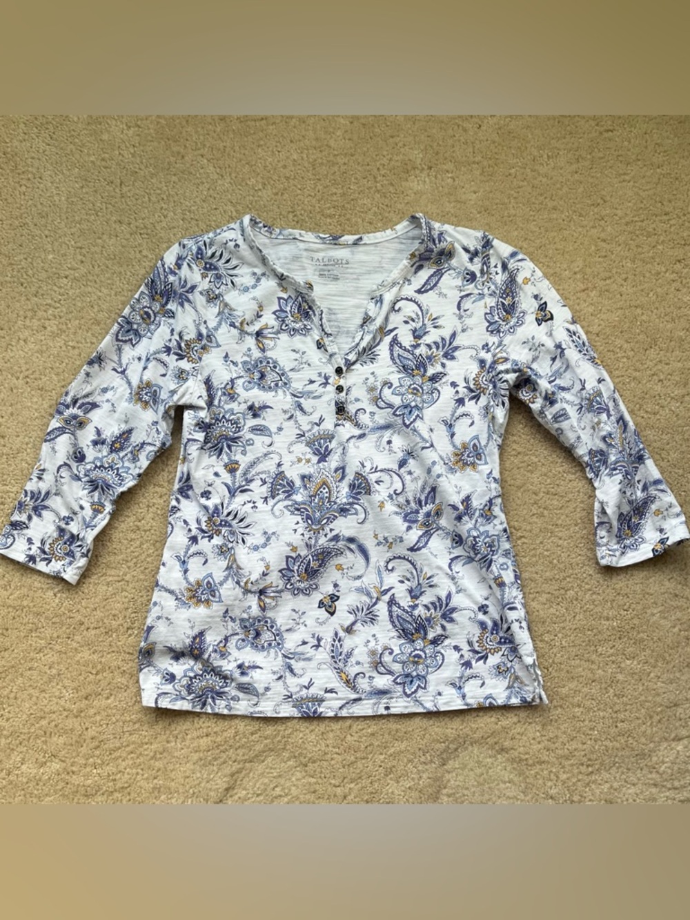 Talbots White Paisley 3/4 Sleeve Cotton Henley Tee Shirt - Size XS Petite - VGUC
